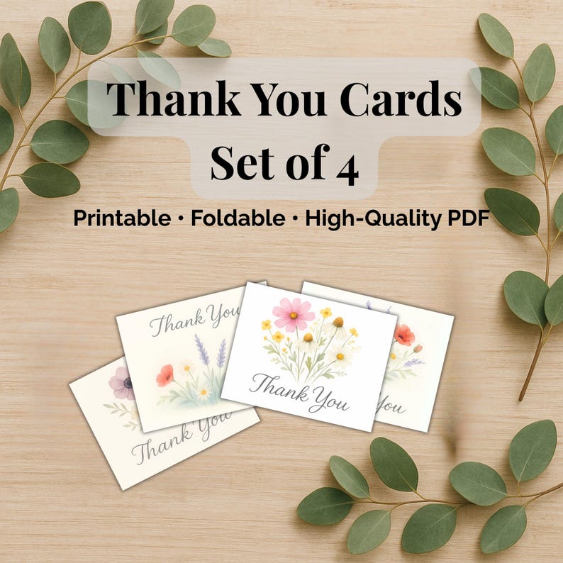 Printable Thank You Cards Set | Floral Foldable Cards | Set of 4 ...