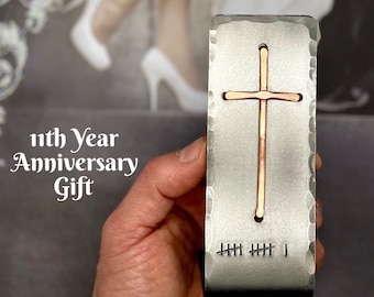 11th Year Steel Wedding Anniversary Gift Idea Christian Cross with Eleven Tally Marks Table or Desktop Him Her or Couple Can be personalized