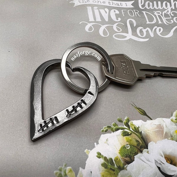 11th Year Wedding Anniversary 11 Tally Marks Steel Keychain Gift Idea for Wife or Husband-Hand Forged Heart for Him or Her- Eleventh