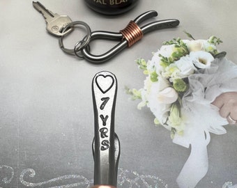 7th Year Anniversary Wedding Gift - Copper Wrapped Keychain Bottle Opener - 7 Years  Heart - For Couple - Him 7 Seventh Copper Theme Present