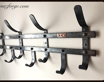 IRON COAT RACK (Hand Forged By a Blacksmith ) - Rustic Hooks - Dark Wax Protection - by Naz Forge