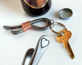 HEART KEYCHAIN Bottle Opener -  Personalization Option Available - Hand Forged and Signed by Blacksmith Naz - 6th Wedding Anniversary Gift