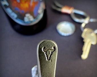 TEXAS LONGHORN KEYCHAIN Bottle Opener -  Personalization Option Available - Hand Forged and Signed by Blacksmith Naz - Texas Longhorn Gift