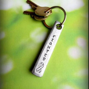 May include: Silver keychain with a silver tag that reads "Fighter" with a ribbon design. The keychain is attached to two gold keys.