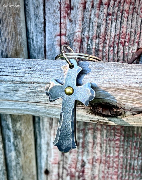 Rugged Iron Cross Keychain -  Christian Faith Anniversary Gift for Men - Rustic Cross with Brass Accent