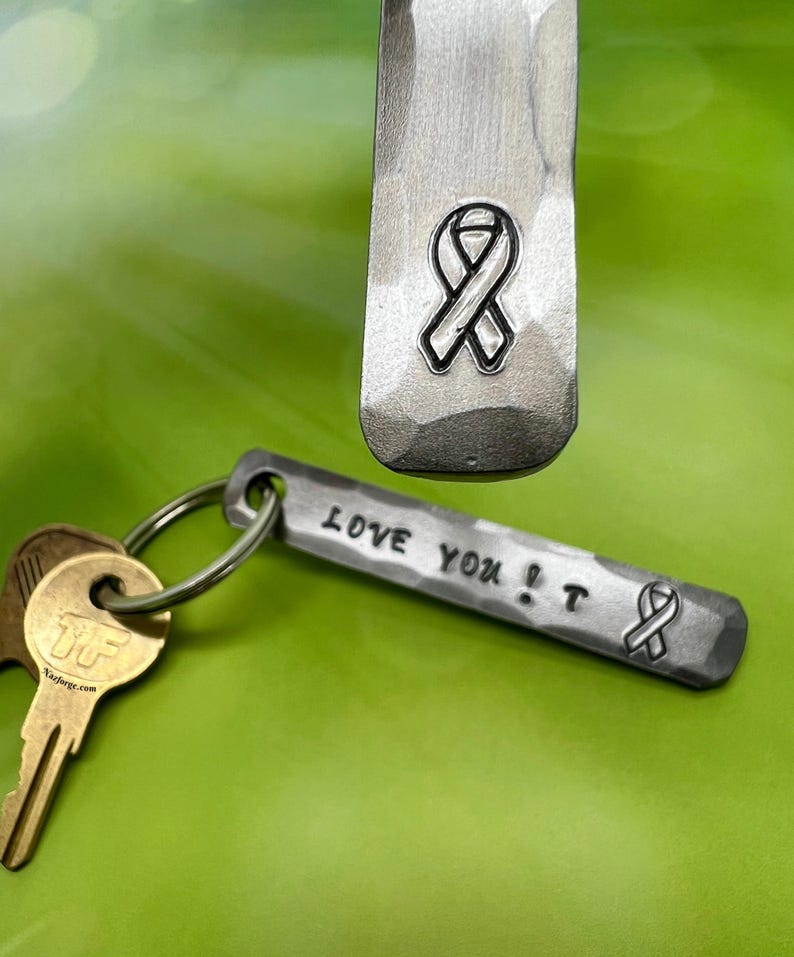 CANCER AWARNESS RIBBON Keychain - Personalization Option Available - Cancer Support - Hand Forged & Signed by Blacksmith Naz - Personalized image 1