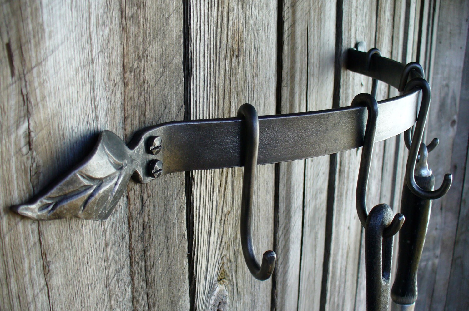 thumbnail image 2 of 21 Inch Handmade Wrought Iron Wall Mounted Pot Rack & Utensil Hanger - Black, Medium Size 2 of 5