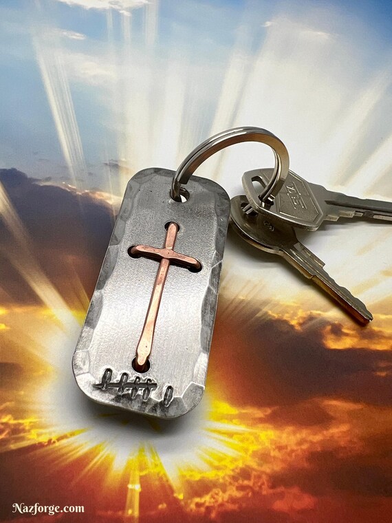 6th Anniversary Christian Cross Keychain - Hand made Copper Cross on Iron Plate - Can be Personalized - Faith Based Gift Idea