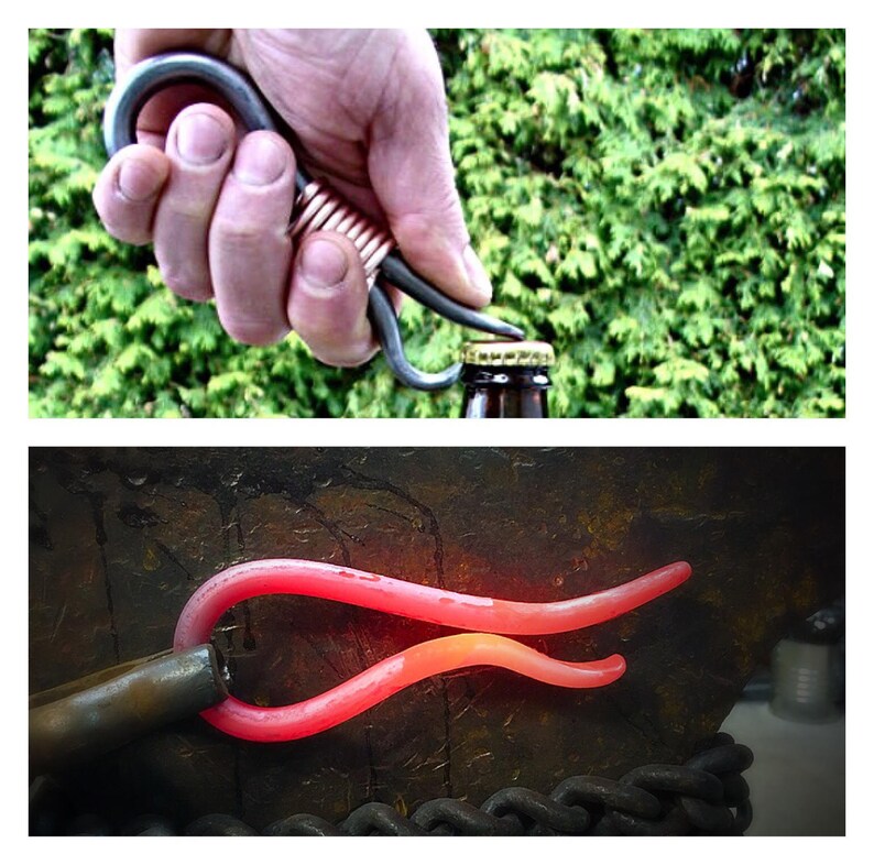 May include: A close-up of a metal bottle opener being used to open a bottle. The opener is made of a single piece of metal and has a unique shape. The bottle is brown glass and has a gold cap. The opener is being held by a hand, and the bottle is on a table.