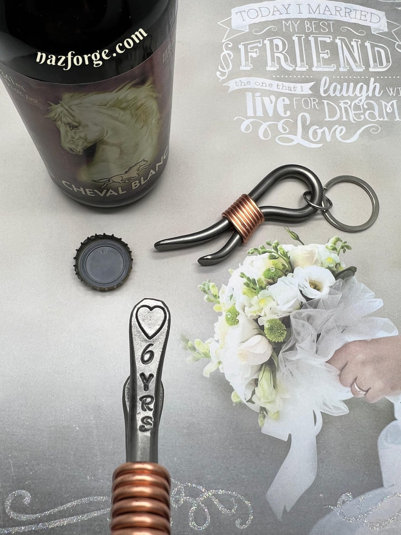 6th Year Wedding Gift Iron Anniversary Keychain Bottle Opener 6 Years & Heart For Couple Him 6 Sixth Wedding Themes Metal Steel image 3