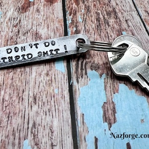 May include: A silver metal keychain with the text "DON'T DO STUPID SHIT!" is attached to a set of keys. The keys and keychain are silver. The background is a wooden surface with blue paint.