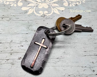 Christian Cross Keychain - Hand made Copper Cross on Iron Plate - Can be Personalized - Faith Based Gift Idea for Men or Women, Him or her