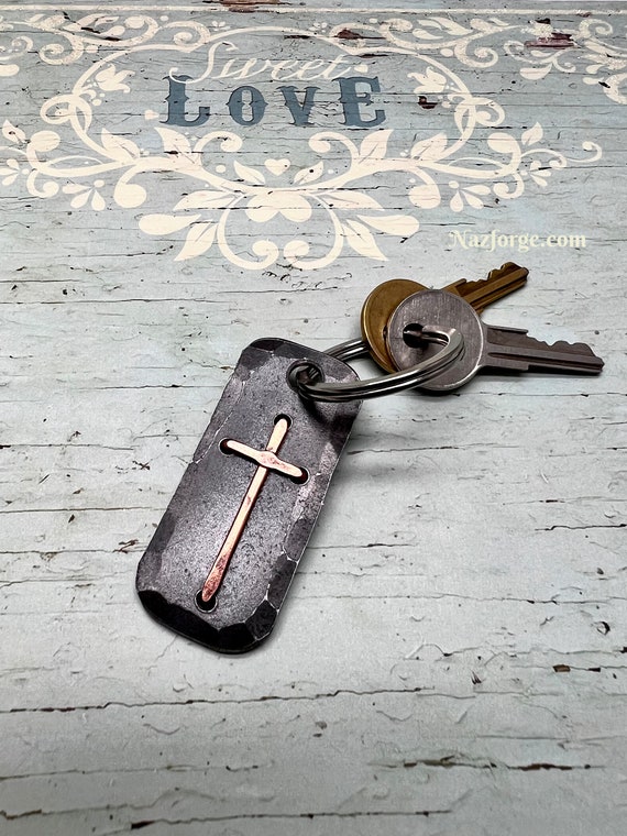 Christian Cross Keychain - Hand made Copper Cross on Iron Plate - Can be Personalized - Faith Based Gift Idea for Men or Women, Him or her