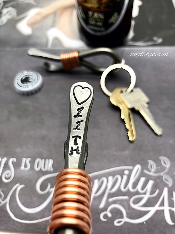 11th Year Wedding Gift - Steel Anniversary - Keychain Bottle Opener - 11 Years & Heart - For Couple - Him - Eleven Wedding Themes Steel