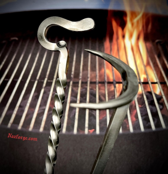 DOUBLE HOOK BBQ Steak Flipper Hook with  Bottle Opener - Hand Forged Grill Tool, Pig Tail Meat Turner Outdoor Grilling Cooking Gifts for Men