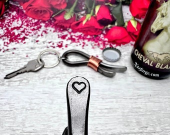 Iron Heart Keychain Bottle Opener Gift for Men - Hand Forged - Him or Her Gift Idea for Husband , Boyfriend , Father , Son , Fiancé , Lover