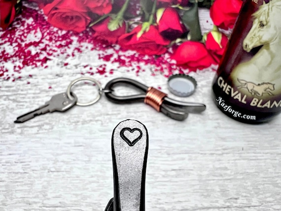 Iron Heart Keychain Bottle Opener Gift for Men - Hand Forged - Him or Her Gift Idea for Husband , Boyfriend , Father , Son , Fiancé , Lover