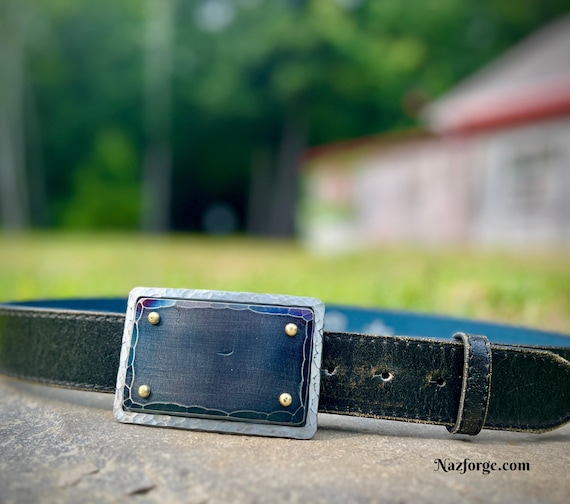 Forged Belt Buckle -  Hammered Distressed & Textured Iron Buckle with natural Flame Colors.