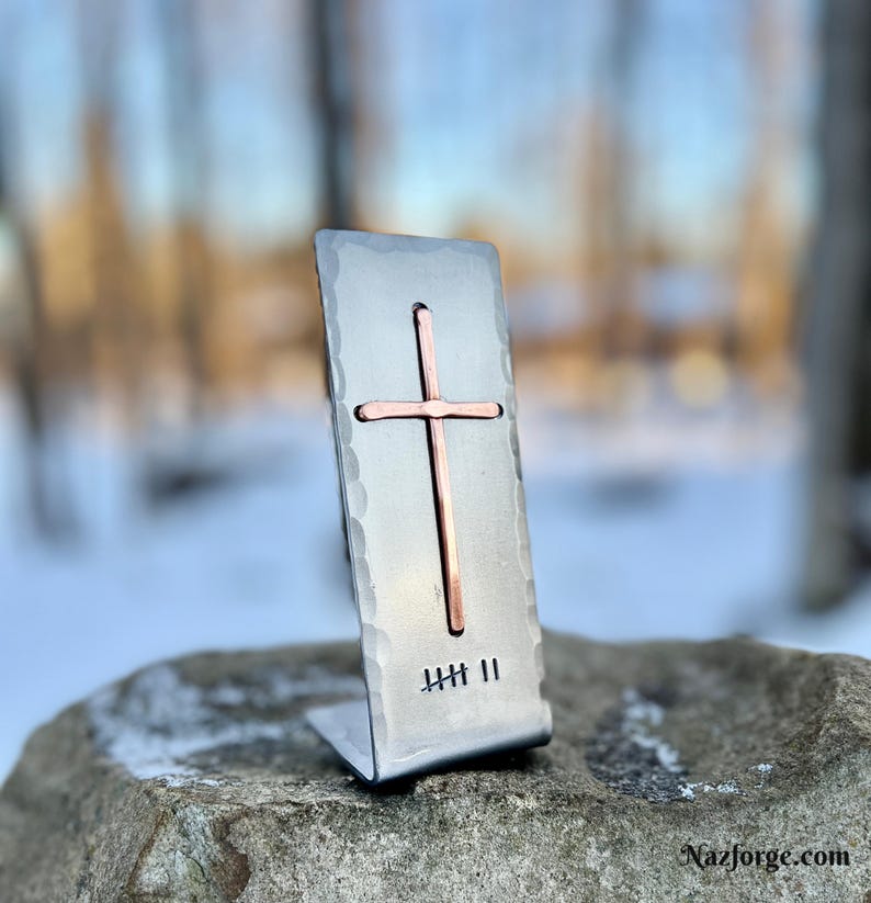 7th Year Wedding Anniversary Copper Gift Idea, Christian Cross with Seven Tally Marks, Table, Desktop -Him Her or Couple,Can be personalized image 6