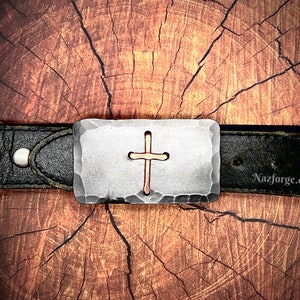 Christian Cross Belt Buckle -  Distressed & Textured Iron Buckle with Copper Cross - Wedding, Baptism, 1st Communion, Confirmation Gift Idea