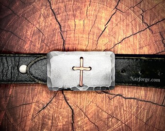 Christian Cross Belt Buckle -  Distressed & Textured Iron Buckle with Copper Cross - Wedding, Baptism, 1st Communion, Confirmation Gift Idea