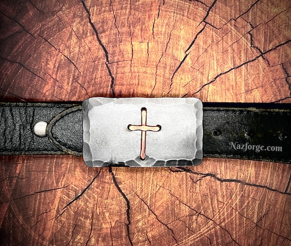 Christian Cross Belt Buckle -  Distressed & Textured Iron Buckle with Copper Cross - Wedding, Baptism, 1st Communion, Confirmation Gift Idea