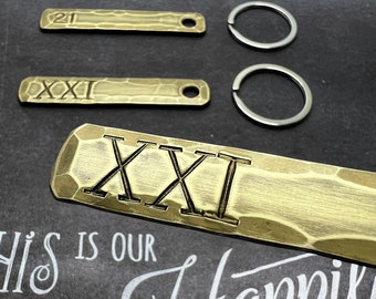 21 Years Brass Wedding Anniversary Gift Idea - Choose one of 2 Styles - Cardinal or Roman Numeral - Keychain gift for Husband or Wife