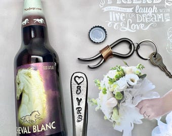 8th Year Anniversary Wedding Gift - Keychain Bottle Opener with Bronze Accent - 8 Years Heart - For Couple Him or Her - Eight Celebration