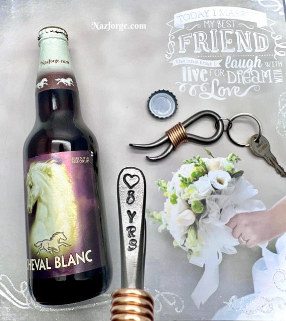 8th Year Anniversary Wedding Gift - Keychain Bottle Opener with Bronze Accent - 8 Years Heart - For Couple Him or Her - Eight Celebration