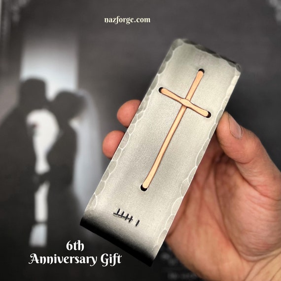 6th Year Wedding Anniversary Iron Gift Idea, Christian Cross with Six Tally Marks, Table or Desktop -Him Her or Couple,  Can be personalized