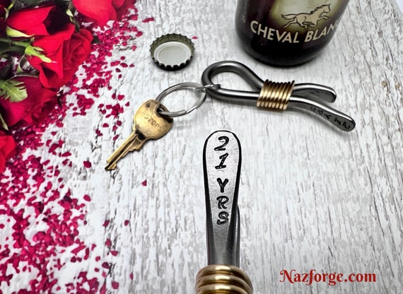 21st Year Wedding Anniversary Keychain Bottle Opener with Brass Accent -  Commemorating 21 Years of Mariage - Brass Theme Gift for Husband