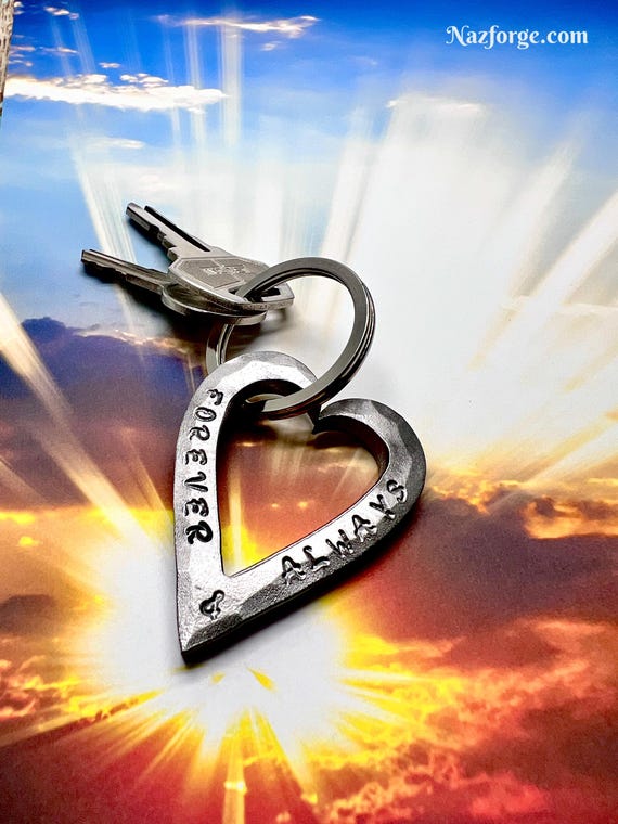 FORGED HEART KEYCHAIN - 6th (Iron) or 11th (Steel) Wedding Anniversary Gift Idea Wife Gifts Girlfriend Couple Hand Made Personalized Option