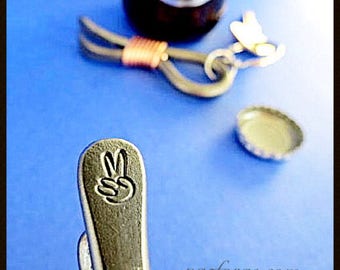 KEYCHAIN BOTTLE OPENER Two Finger Peace sign -  Personalization Option Available - Hand Forged and Signed by Blacksmith Naz - Hippie - Peace