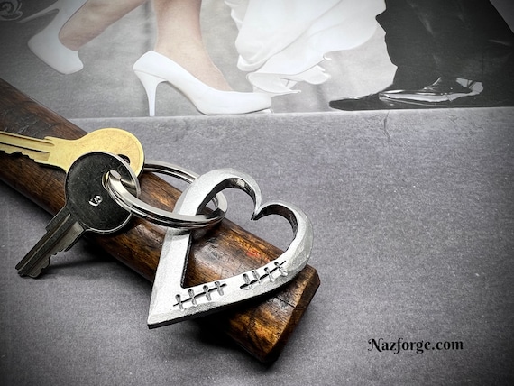 10th Year Wedding Anniversary, Ten Tally Marks Iron Keychain Gift Idea for any Tenth Anniversary Celebration - Forged Heart for Him or Her