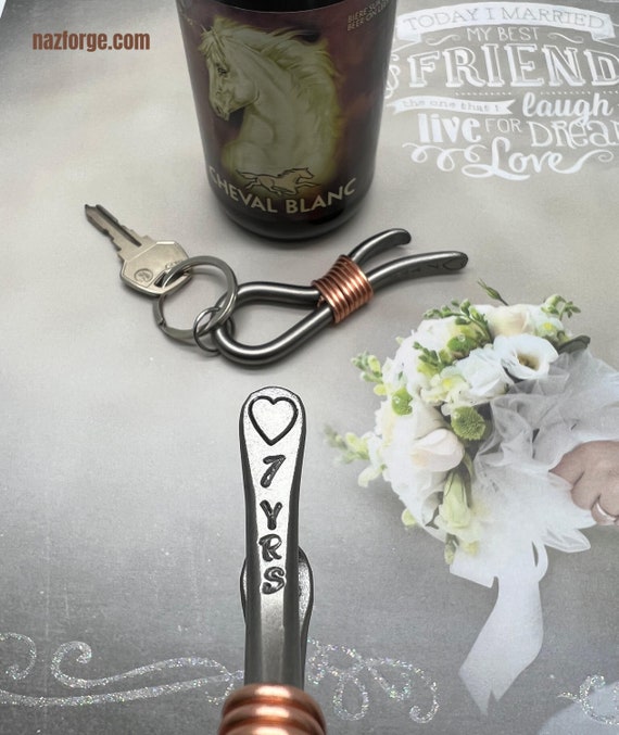 7th Year Anniversary Wedding Gift - Copper Wrapped Keychain Bottle Opener - 7 Years  Heart - For Couple - Him 7 Seventh Copper Theme Present