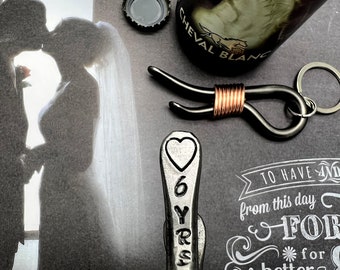 6th Year Wedding Gift - Iron Anniversary - Keychain Bottle Opener - 6 Years & Heart - For Couple - Him - 6 Sixth Wedding Themes Metal Steel