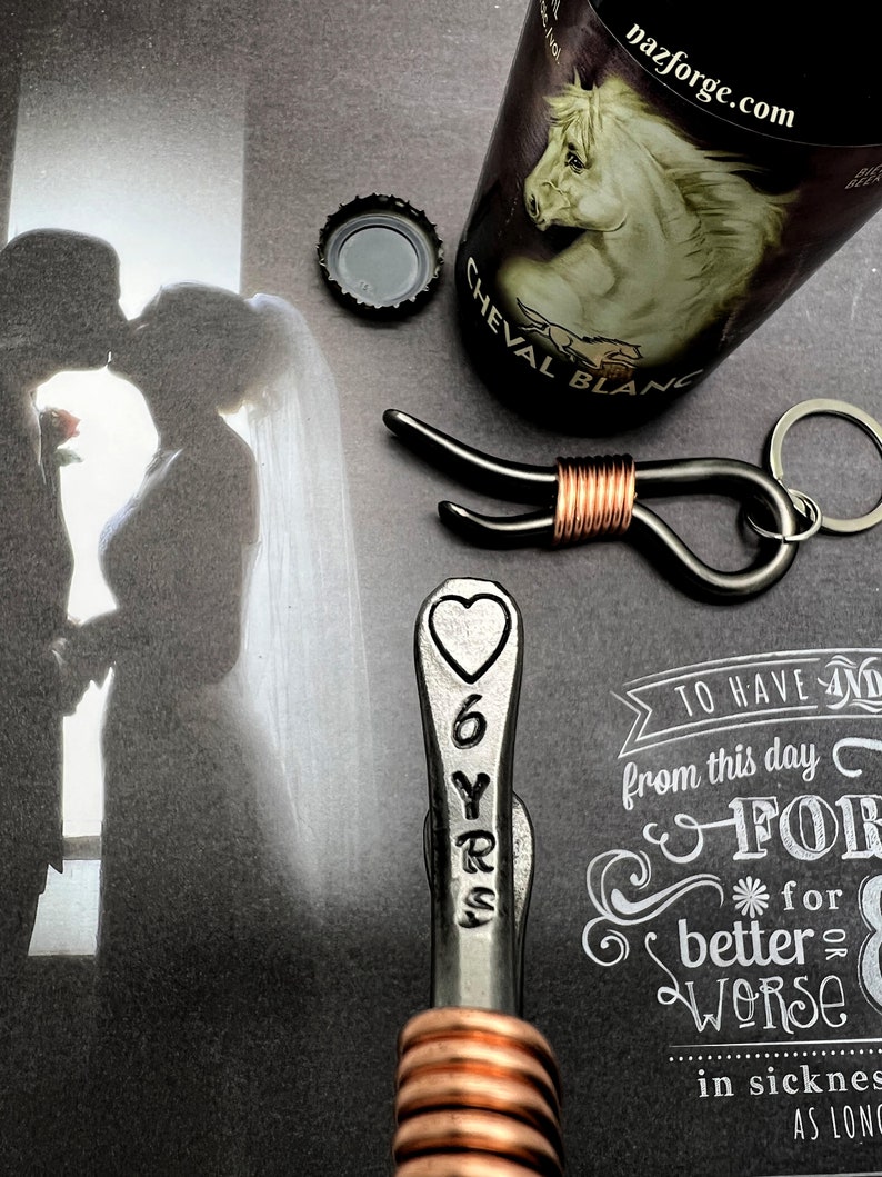 6th Year Wedding Gift Iron Anniversary Keychain Bottle Opener 6 Years & Heart For Couple Him 6 Sixth Wedding Themes Metal Steel image 1