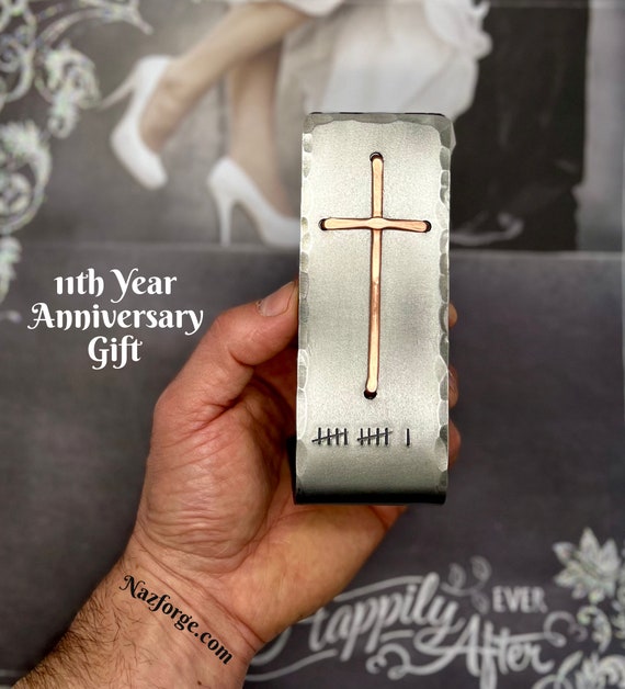 11th Year Steel Wedding Anniversary Gift Idea Christian Cross with Eleven Tally Marks Table or Desktop Him Her or Couple Can be personalized