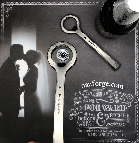6 Years Iron Wedding Anniversary Gift Bottle Opener for Him, Her or the Couple -6th Wedding Theme Gift Idea Hand Forged by Blacksmith Naz