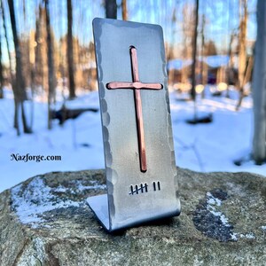 7th Year Wedding Anniversary Copper Gift Idea, Christian Cross with Seven Tally Marks, Table, Desktop -Him Her or Couple,Can be personalized image 3