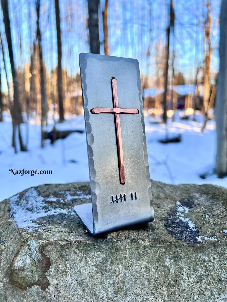 7th Year Wedding Anniversary Copper Gift Idea, Christian Cross with Seven Tally Marks, Table, Desktop -Him Her or Couple,Can be personalized image 3