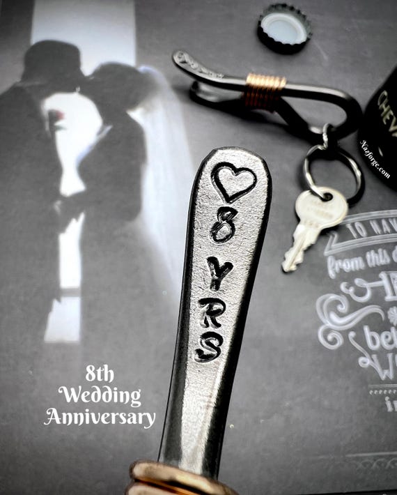 8th Year Anniversary Wedding Gift - Keychain Bottle Opener with Bronze Accent - 8 Years Heart - For Couple Him or Her - Eight Celebration