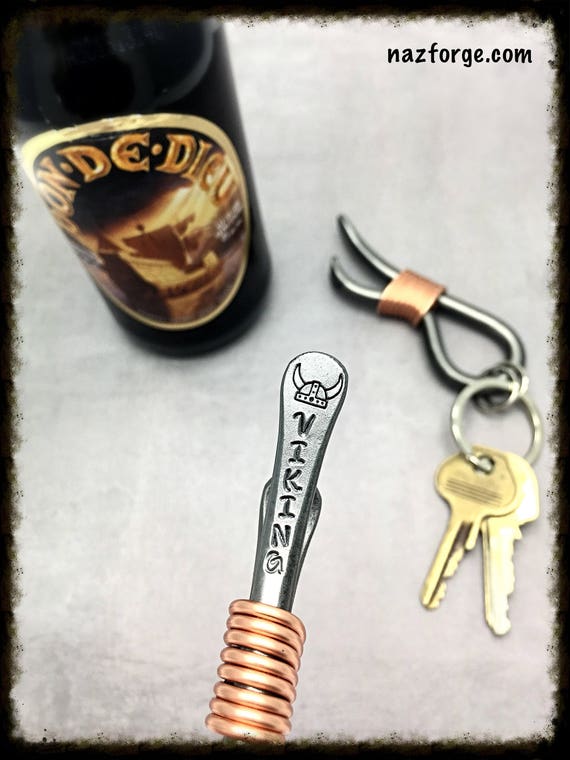 VIKING HAT Keychain Bottle Opener -  Personalized Option Available - Original Design Forged by Naz - Buccaneer Norseman - Pirate - Old World