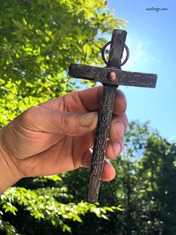 FORGED IRON CROSS  with Hammer Texture - Hand Forged by Blacksmith Naz - Iron Cross with Copper Rivet - Christian Cross