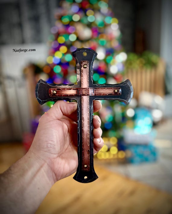 LARGE CHRISTIAN CROSS  Christmas Gift Idea - Wall Fixture Made of  Iron & Copper, House Warming Host Gift, Can be Personalized