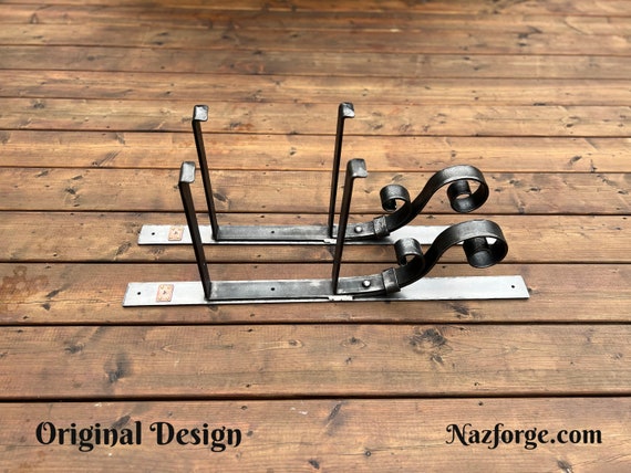 Double Shelf Brackets - Hand Forged Iron, Heavy Duty  Large Pair of Wall Shelf Fixtures , Hand Made Original Design Signed by Blacksmith Naz