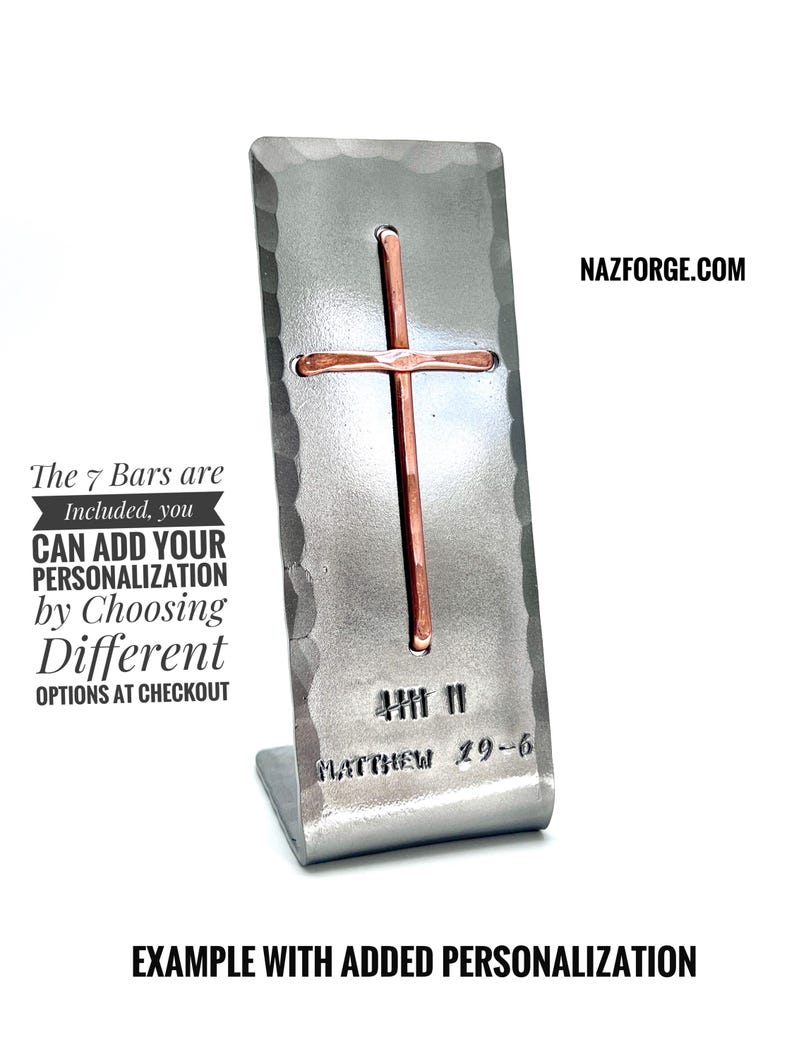 May include: A silver-colored metal stand with a hammered edge, featuring a copper-colored cross attached to the center. Below the cross, the text reads "IIII II" and "MATTHEW 19-6". The text "NAZFORGE.COM" appears in the upper right corner.