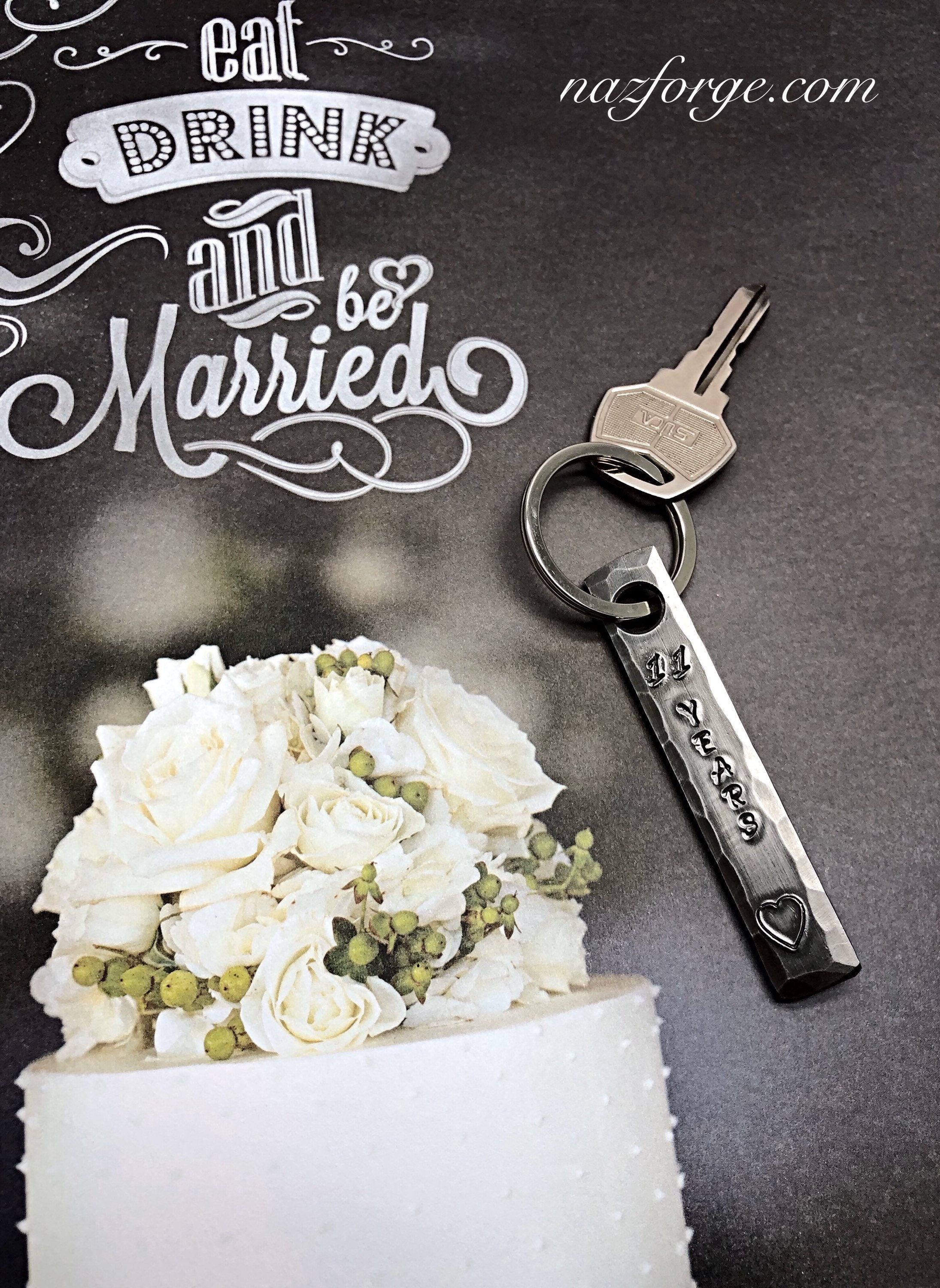 11th Year Steel Wedding Anniversary Keychain Gift for Wife or Husband 11Years & Heart