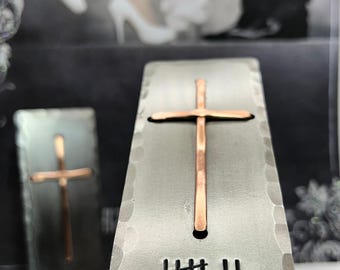7th Year Wedding Anniversary Copper Gift Idea, Christian Cross with Seven Tally Marks, Table, Desktop -Him Her or Couple,Can be personalized