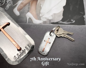 7th Anniversary Christian Cross Keychain - Hand made Copper Cross on Iron Plate - Can be Personalized - Faith Based Gift Idea